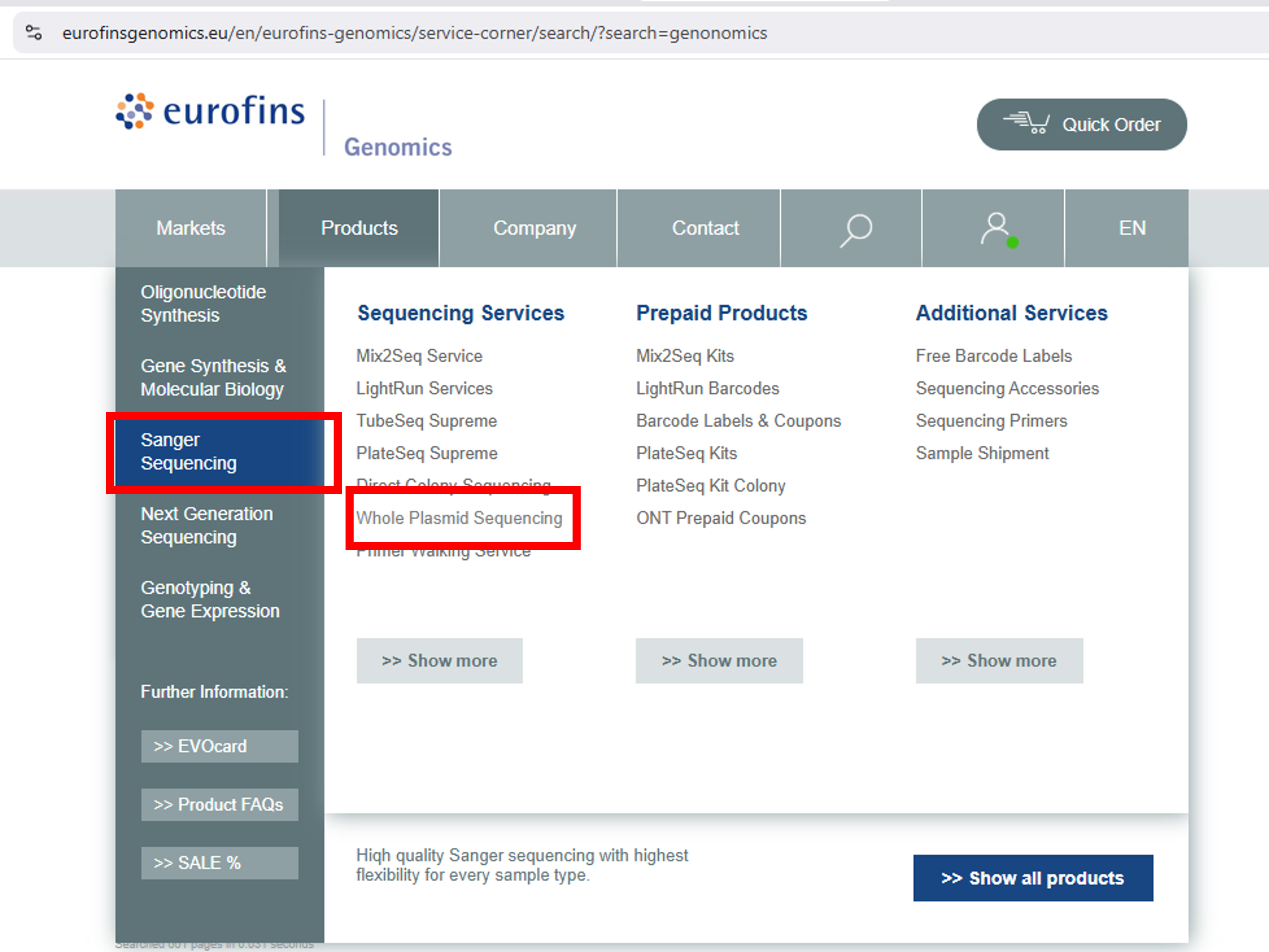 Products -> Sanger-> Whole Plasmid Sequencing